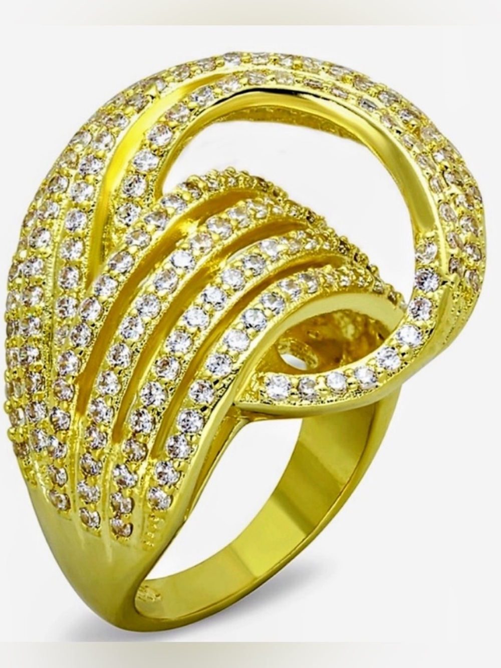 New Ladies Micro pave set CZ diamond Swirl cocktail statement wedding ring Gold